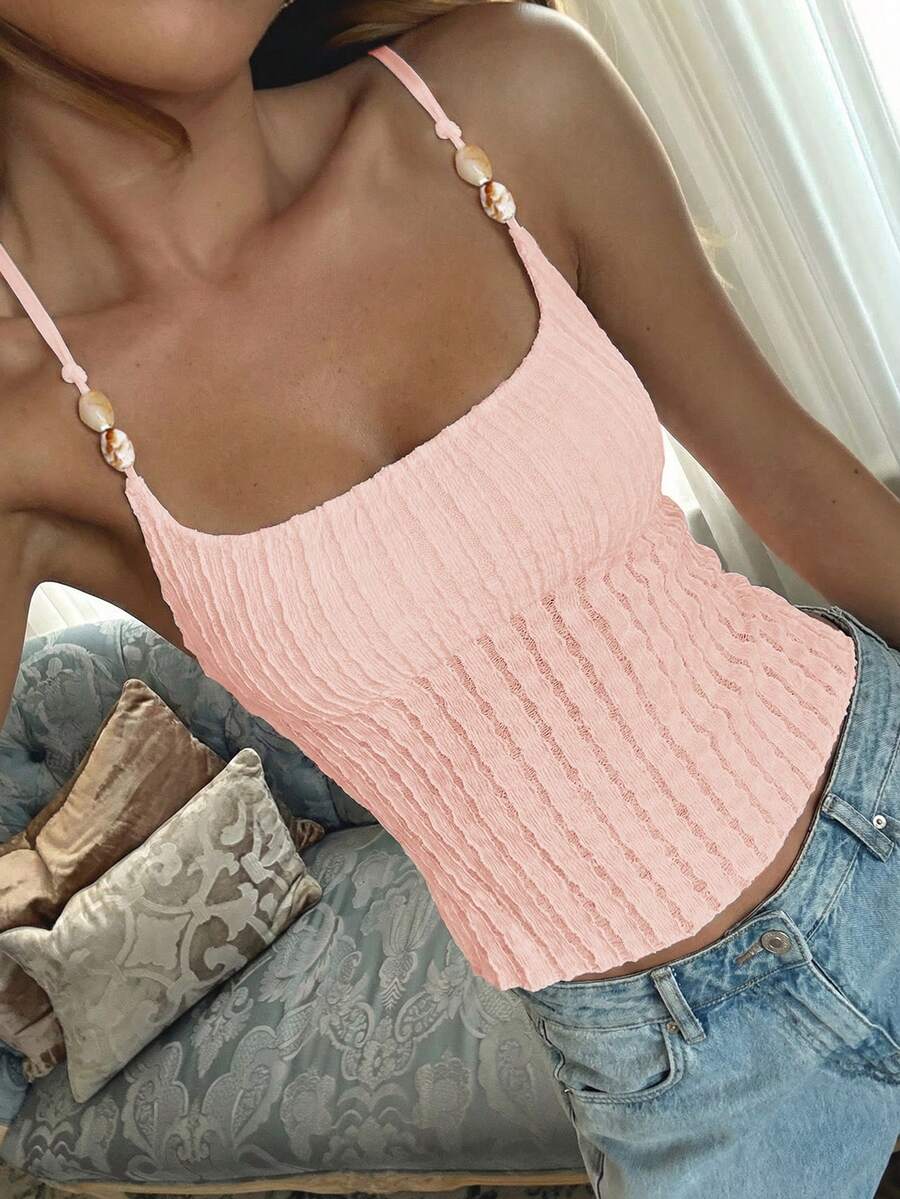 Áo hai dây Vaiaye dành cho nữ, màu trơn, ôm sát, họa tiết vỏ sò, chất liệu jacquard, thích hợp cho đi biển, ngày lễ Thánh Patrick và đi làm. Màu hồng. - Hồng - Xem 1