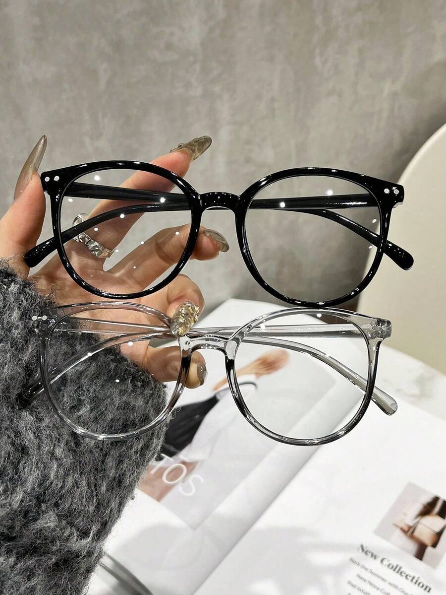 2 piezas Gafas de moda transparentes con marco redondo de plástico retro y decoración de remaches, unisex - Multicolor - Ver 1