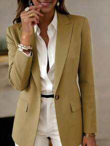 女士时尚长袖翻领纽扣轻薄梭织面料常规长度西装外套 - 芥末黃 - 查看 5