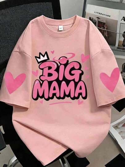 Graffiti Crown Women's Plus Size Casual Short Sleeve T-Shirt - BIG MAMA Graphic With Crown & Hearts, Geometric Print, Breathable Round Neck, Machine Washable, All-Season Comfort, Fashionable Grap Pink Summer