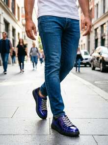 男士运动鞋 金属银色厚底运动鞋 亮片鞋带 墨迹泼墨鞋底 时尚休闲鞋 - 藍色 - 查看 5