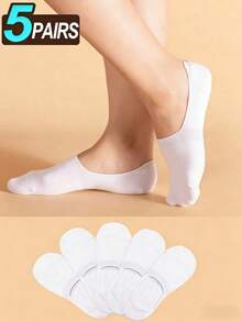 5/10双装女士白色船袜，时尚半趾纯棉透气短袜 - 白色 - 查看 9