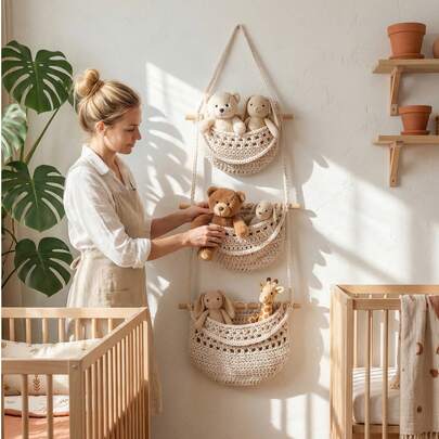 3-Layer Detachable Handmade Woven Hanging Storage Bag, Kids Toys & Snacks Organizer, Cute Multi-Compartment Hanging Storage Bag For Baby Room & Bedside