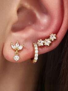 3件套奢华星形锆石穿孔耳环套装，女士18K镀金朋克风耳钉耳环，女士饰品 - 3PCS-GOLD-3# - 查看 1