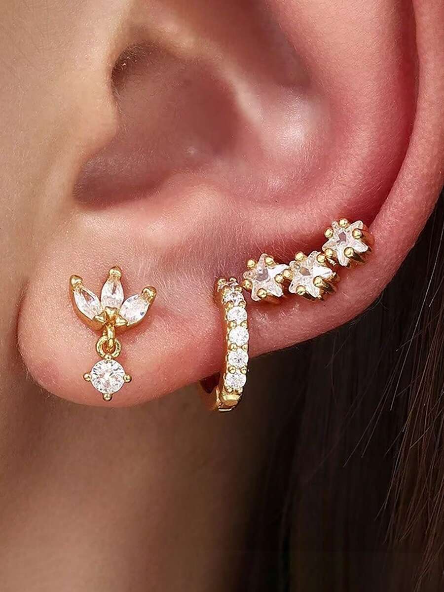 3件套奢华星形锆石穿孔耳环套装，女士18K镀金朋克风耳钉耳环，女士饰品 - 3PCS-GOLD-3# - 查看 1