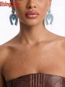 1 Đôi bông tai hình móng ngựa hoa văn phong cách Bohemian cổ điển, màu ngọc lam, quà tặng trang sức kiểu miền Tây cho mẹ. - Bông tai hình móng ngựa - Xem 5