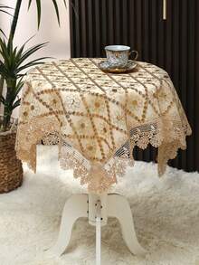HXARTMIS 1pc Gold Sequin Embroidered Geometric Pattern Rectangular Tablecloth, Elegant Embroidered Oblong Table Cover With Scalloped Edges, Vintage Dust-Proof Tablecloth For Dining Room, Kitchen, Wedding Party, Home Decor, Suitable For Mother's Day, Father's Day, Valentine's Day And Other Holiday Decorations - Brown - View 16