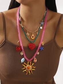 1 chiếc vòng cổ đính cườm phong cách Bohemian, mặt dây chuyền hình mặt trời, sao biển, vỏ cua và trái tim, trang sức nhiều dây hình sinh vật biển, quà tặng đi biển, phù hợp cho tiệc tùng, mùa hè và đeo hàng ngày. - vòng cổ - Xem 5