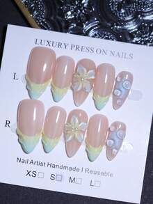 10 piezas de uñas postizas de estilo francés con diseño de flores y conchas talladas a mano en color amarillo lechoso y azul degradado. Uñas 100% hechas a mano, decoración de uñas reutilizable - Multicolor - Ver 13