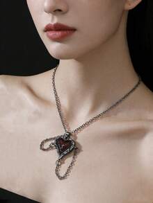 1pc Gothic Dark Heart Cross Feather Wings Embrace Heart Pendant Necklace Women's And Men's Creative Jewelry Party Gift - Necklace - View 1