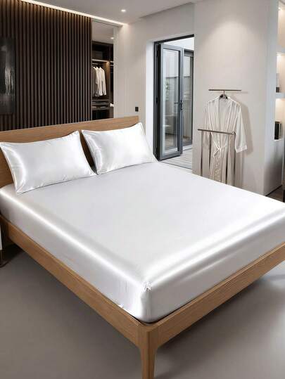 1pc Satin Fitted Sheet, Bedding, White Flat Sheet, Mattress Cover, Solid Color Bed Skirt, Fashionable Silk-Like Smooth Bed Cover Dust Proof For Bedroom Home Textile, High Quality Deep Pocket Silk-Like Bed Sheet, Silky Smooth, Fits Twin, Full, Queen Size Bed, For Bedroom, Hotel, Machine Washable