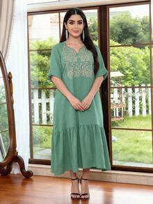 2026 New Style Ramadan Traditional Elegant Green Dress, Featuring Metallic Gold Embroidery, Stand Collar Design, Fashionable And Graceful Modest Dress - Mint Green - View 8
