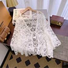 Women's Apricot Tie-Front Cardigan, Hollow Out 3/4 Sleeve Shawl Lace Coverup Vacation White Summer - White - View 5