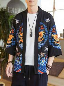 Cárdigan tipo kimono con estampado de grulla y nube auspicios estilo chino, chaqueta ligera de protección solar de 3/4 de manga para hombres - Negro - Ver 1