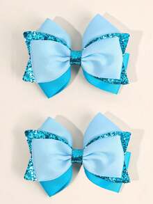 2件套女童蓝色蝴蝶结发夹，简约缎带蝴蝶鳄鱼夹，闪亮亮片装饰蝴蝶发卡，春夏日常时尚发饰 - 彩色 - 查看 7