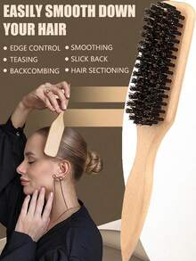 1支男女通用猪鬃顺滑梳，胡须刷，防毛躁梳，蓬松木柄梳，解结梳，发际线定型，光滑马尾梳 - 宽锥形尾梳，方便解结和顺滑，便于分缝、造型、抛光和拉直头发 - 米色 - 查看 2