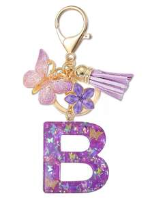 1个紫色蝴蝶字母钥匙扣，饰有闪亮亮片、流苏和珐琅花朵吊坠，时尚手提包挂件，母亲节礼物 - 淡紫色 - 查看 29
