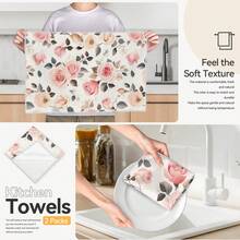 2pcs Pink Rose Print Kitchen Towels, 100% Polyester Kitchen Cleaning Cloths, Suitable For Restaurant, Kitchen And Home Decor; Quick-Drying, Lightweight, Fade-Resistant, Low-Shedding, Anti-Mildew, High Color Fastness, Size 40*60cm - Beige - View 8