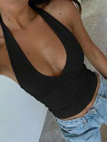 Vaiaye Women's Solid Color Sleeveless Casual Fitted Tank Top, Knit Low V-Neck Sexy Camisole, Fashion Summer Sexy Camisole Beach Holiday St. Patrick's Day Outdoor T-Shirt, Suitable For Commuting Black - Black - View 10