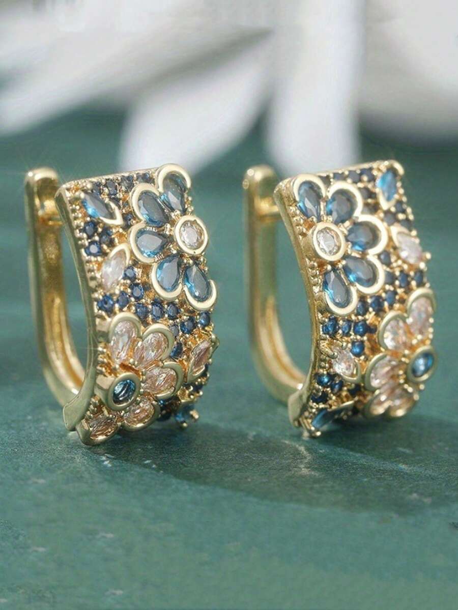 1 Pair Women's Vintage Blue & Cubic Synthetic Zirconia Hoop Earrings - Multicolor Flower & Leaf Hoops With Blue/Green/White/Gold Color/Grey, Sparkling Party Wedding Jewelry Gift For Christmas, Anniversary - Earrings - View 1
