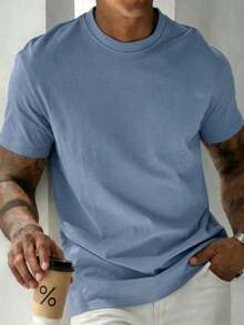 GRDR Men's Retro Minimalist Solid Color Washed Short Sleeve T-Shirt, Suitable For Summer Wear, Comfortable & Breathable, Leading Fashion - Dusty Blue - View 3