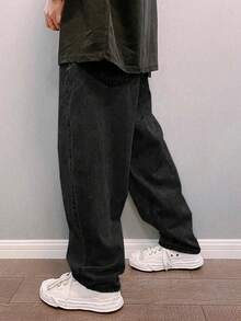 Men's Light Grey Washed Loose Fit Wide Leg Jeans - Streetwear Relaxed Denim Pants - Black - View 5