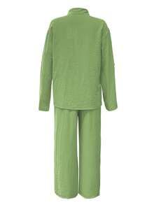 Slim-Fit Polo Collar Casual Cardigan, Versatile Solid-Color Stylish Shirt For The Beach, Everyday Wear, Work, Soft And Comfortable Fabric; Loose-Fitting Elastic-Waist Pants - 亮藍色 - 查看 11