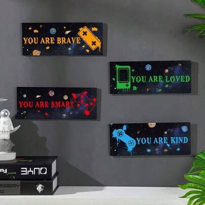 Bộ 4 tranh trang trí 2D phẳng chủ đề game, thích hợp cho phòng bé trai, tranh treo tường chủ đề game đầy cảm hứng, hình tay cầm điều khiển, cần điều khiển, biển hiệu treo, tranh in, bảng hiệu thương hiệu cho phòng trẻ em, phòng chơi game.