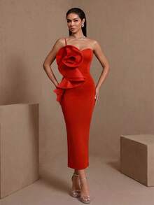 Elegant Red Strapless Long Pleated Floral Party Dress - Red - View 1