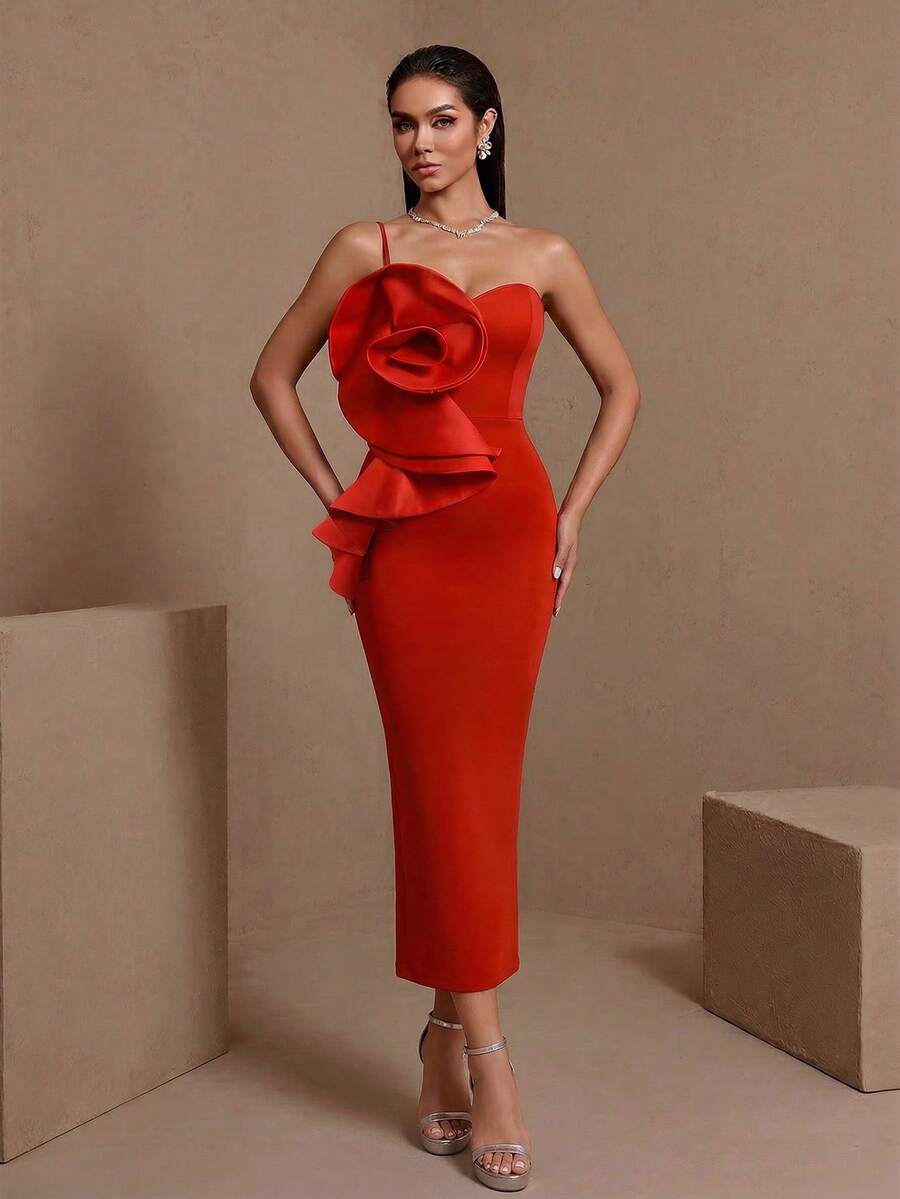 Elegant Red Strapless Long Pleated Floral Party Dress - Red - View 1