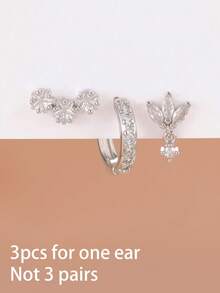 3pcs Set Luxury Star Zirconia Hoop Earrings, Punk Style Earrings For Women - 3PCS-sILVER-3# - View 6