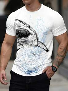 Men's Round Neck Shark Print Casual Vacation Short Sleeve T-Shirt - Multicolor - View 1