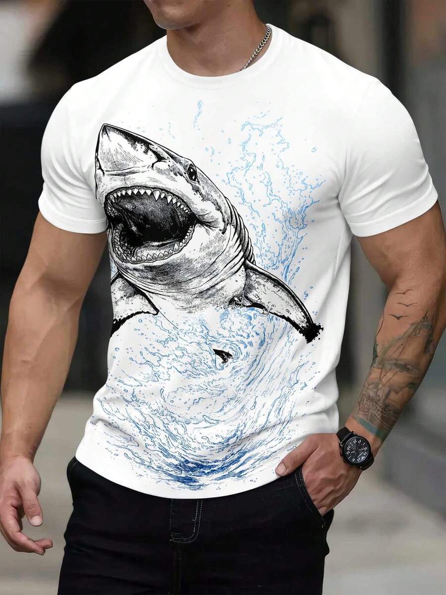 Men's Round Neck Shark Print Casual Vacation Short Sleeve T-Shirt - Multicolor - View 1