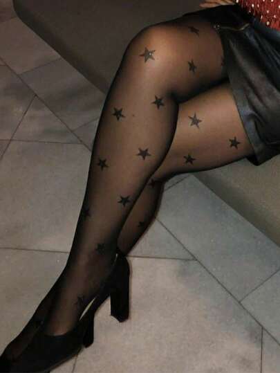 1 par de medias opacas y delgadas con estampado de estrellitas en estilo Y2K, adecuadas para uso diario, fiestas, citas y otras ocasiones