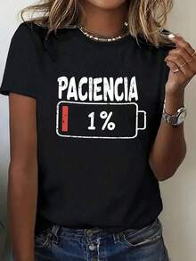 Women's T-Shirt With A Red Battery Icon Indicating 1% Battery Level, Casual Style, Round Neck And Short Sleeves, Suitable For Spring, Summer, Autumn, Back To School, Etc. - Black - View 8
