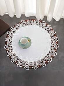 HXARTMIS 1pc White Embroidered Rimmed Tree Bark Textured Round Tablecloth, Elegant Embroidered Table Cover, Delicate Peacock Tail Trim Tablecloth, Suitable For Dining Room, Kitchen, Wedding, Party, Home Decor, Mother's Day, Father's Day And Other Holiday Themes - White - View 4