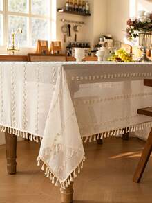 1pc American Retro Minimalist Polyester Linen Tassel Tablecloth, Heat-Resistant Rectangular Tablecloth Suitable For Kitchen, Dining Table, Coffee Table, TV Cabinet, Home Gathering, Outdoor Picnic - Multicolor - View 2