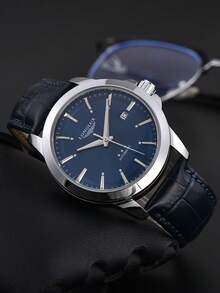 1pc Men's Automatic Mechanical Waterproof Calendar Leather Band Watch, Business & High-End - Blue - View 5
