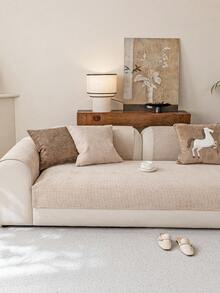 1pc Solid Color Chenille Sofa Cushion Cover, Minimalist Starry Floral Pattern, Anti-Slip Anti-Scratch Sofa Protector, Home Decor For All Seasons, Fits 1/2/3/4 Seater Sofa - Beige - View 5