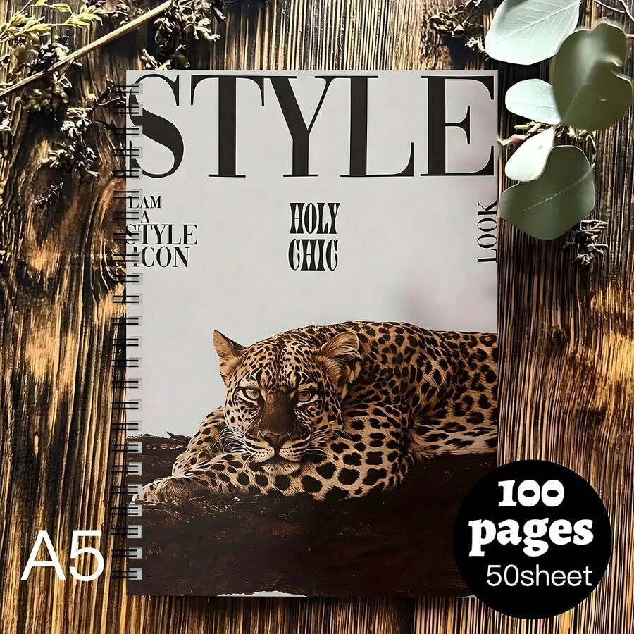 Mejora tu look de moda con un elegante cuaderno A5 con estampado de leopardo: 100 páginas, diseño vibrante, ideal para escribir un diario, regalos escolares u uso de oficina - A5 - Ver 1