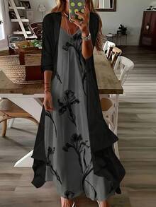 大码优雅V领枝叶图案可调节肩带雪纺中长连衣裙，搭配七分袖开衫，适合婚礼、派对和日常穿着，宽松的办公服饰 - 黑色 - 查看 1