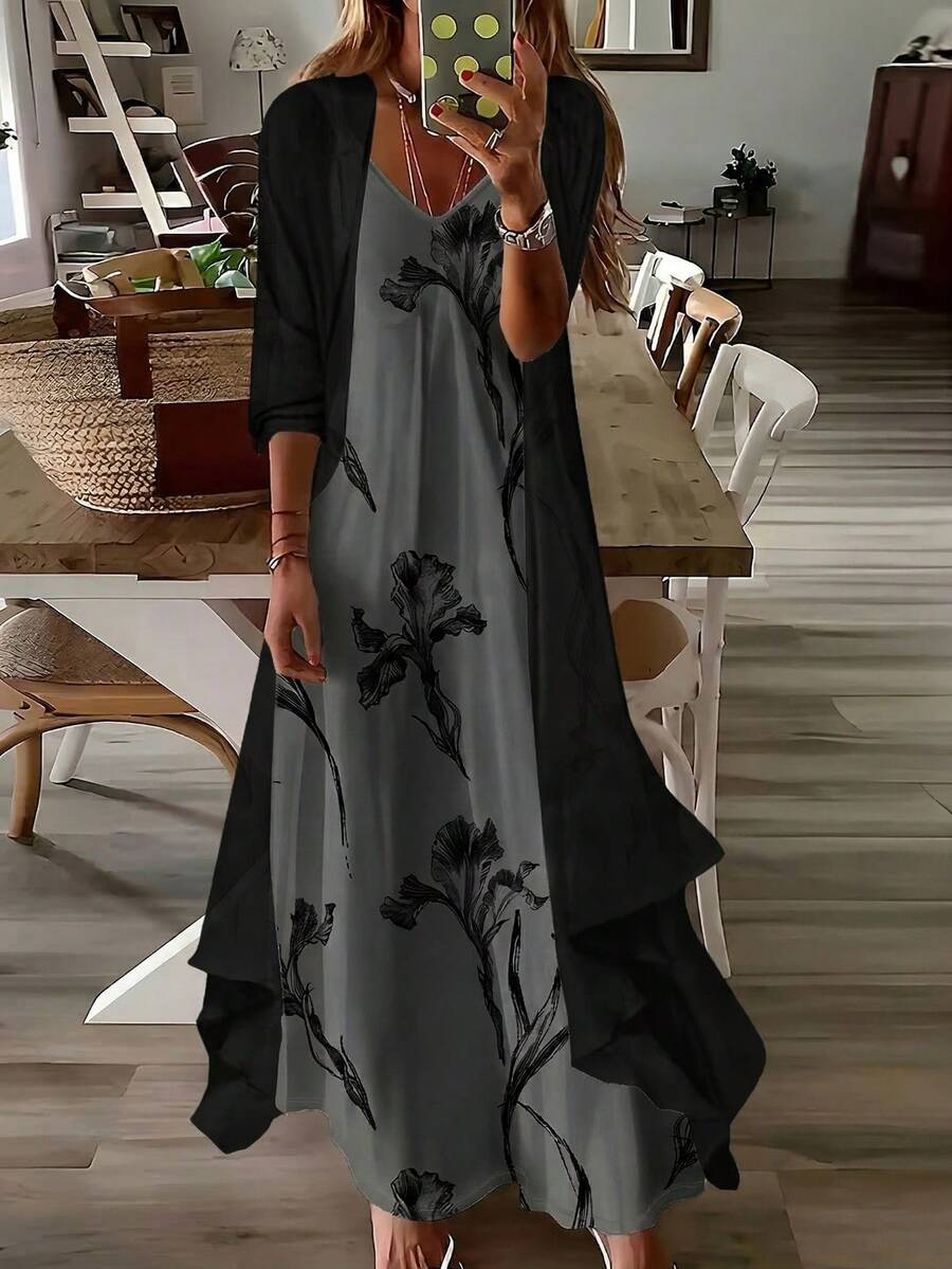 大码优雅V领枝叶图案可调节肩带雪纺中长连衣裙，搭配七分袖开衫，适合婚礼、派对和日常穿着，宽松的办公服饰 - 黑色 - 查看 1
