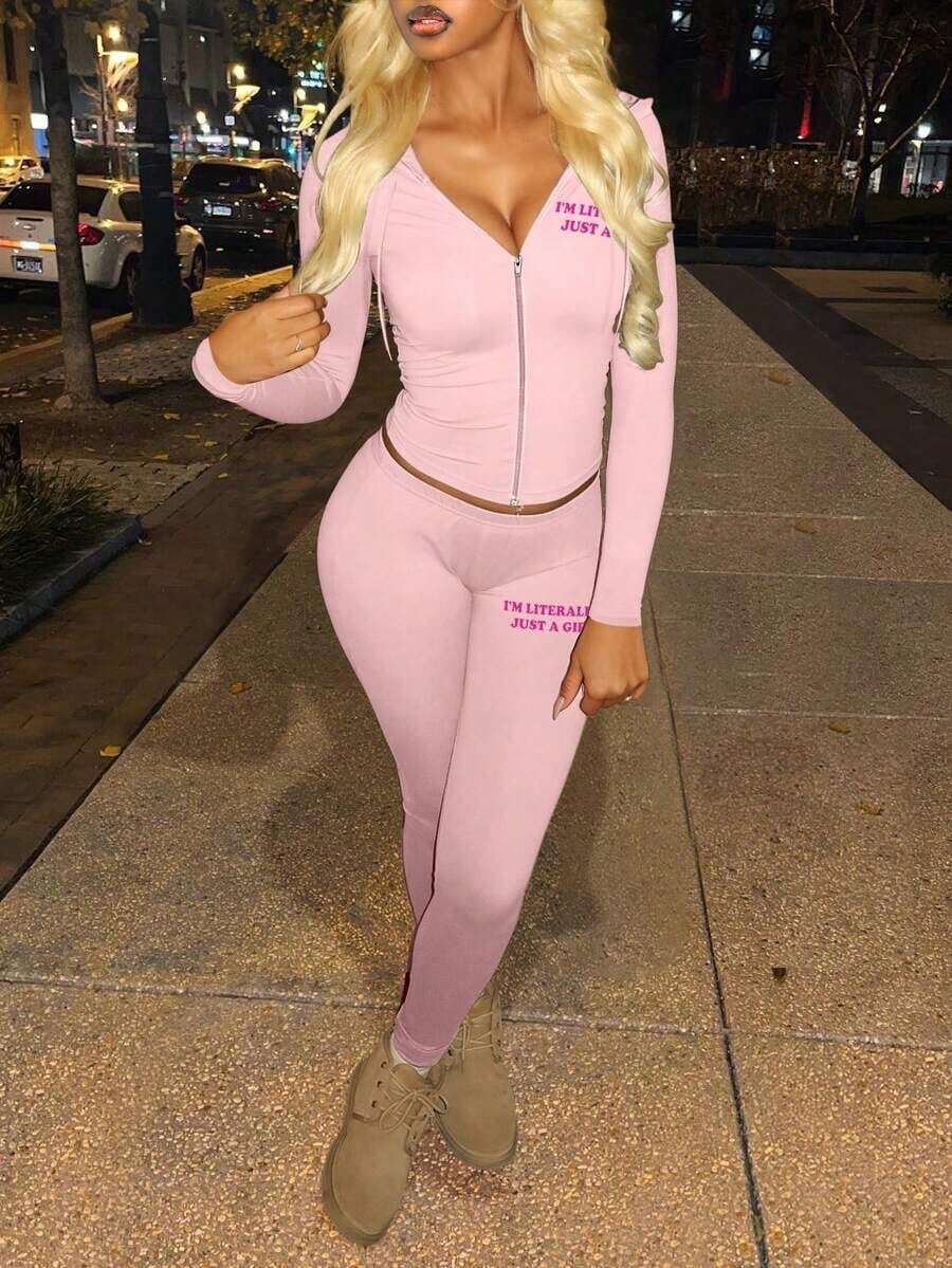 LovelyWholesale Women's Letter Print Zip-Up Hoodie Jacket And Leggings Sports Set, Suitable For Spring And Autumn - màu đen - Xem 1