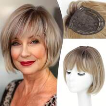 12-Inch Short Wavy Bob Wig With Bangs - Layered Golden Blonde Bob Wig With Bangs, Short Hair, Natural Ombre Golden Straight Hair, Heat Resistant Synthetic Wig Suitable For Caucasian Women - Multicolor - View 3