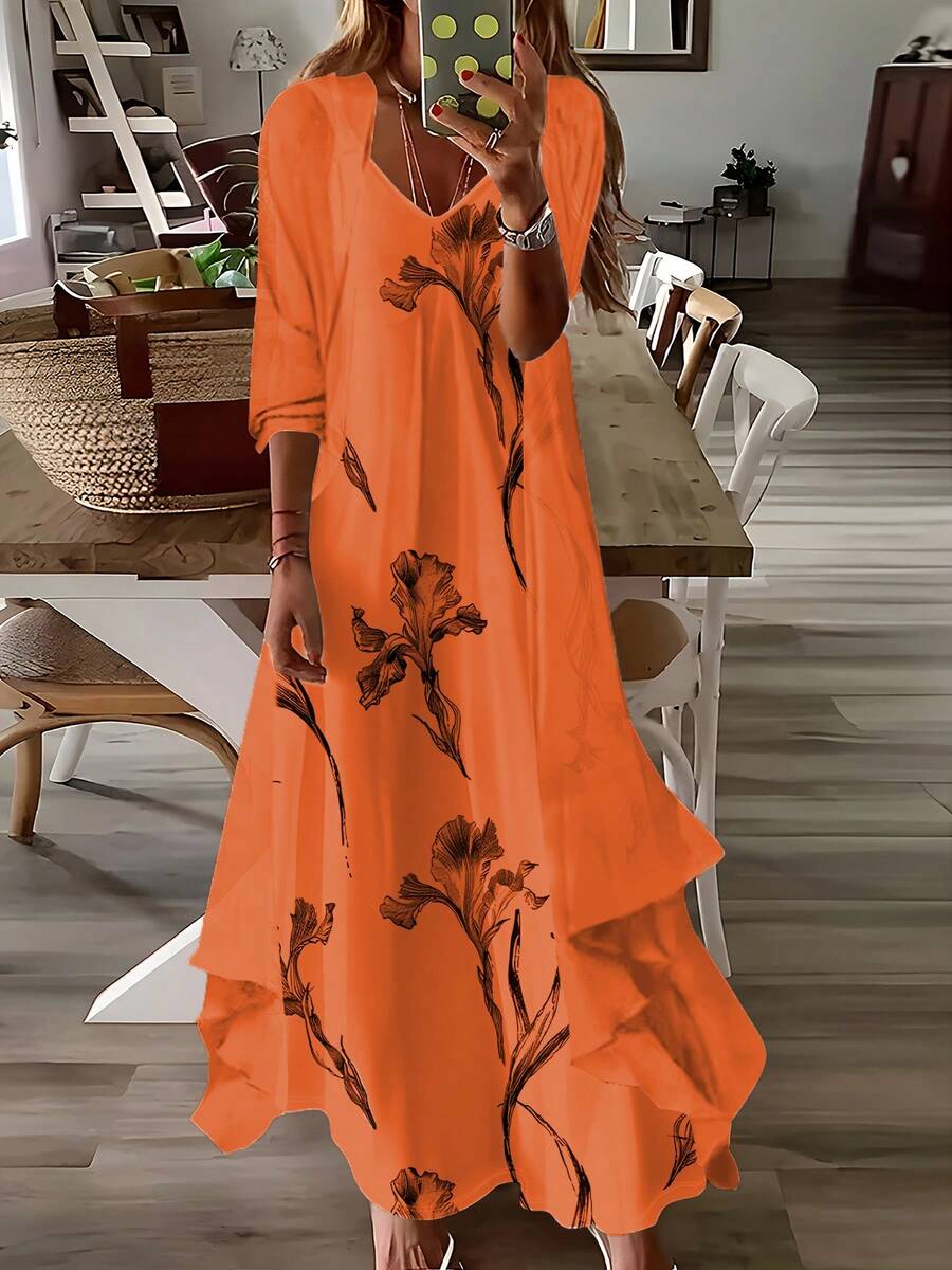 大码优雅V领枝叶图案可调节肩带雪纺连衣裙，搭配七分袖开衫，适合婚礼、派对和日常穿着，宽松版型，可作办公室或度假装扮。 - 橘色 - 查看 1