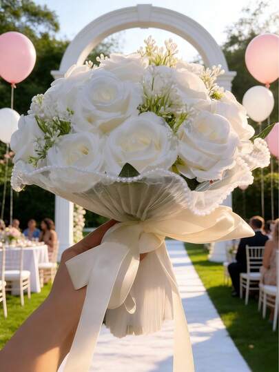 1 Bouquet Artificial Flower Bridal Bouquet, Silk Bride Bridesmaid Bouquet, Suitable For Valentine's Day, Wedding, Party Decor, Home - Faux Pearl Lace Rose Bouquet