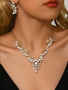 3件套珍珠形新娘女士时尚水晶项链套装，奢华珠宝套装，适合高档晚礼服和高档晚宴。 - 耳環+項鍊 - 查看 5