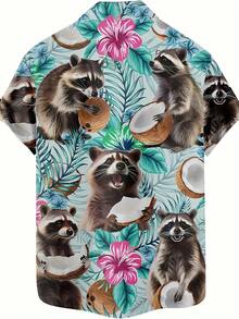 Playful Raccoons Holding Coconuts Among Tropical Leaves And Hibiscus Flowers Create A Joyful Island Vibe 3D Print Hawaiian Style Men's Short Sleeve Button Up Shirt - trắng - Xem 2
