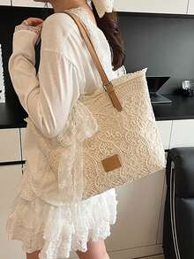 2026新款蕾丝蝴蝶结托特包，女士大容量手提包，单肩包，简约通勤包 - 白色 - 查看 2