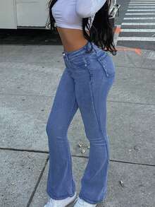 GILIPUR Y2K 女式喇叭牛仔裤，修身弹力中蓝色长裤，街头风，优雅时尚，休闲百搭春季下装 - 中等水洗藍 - 查看 7